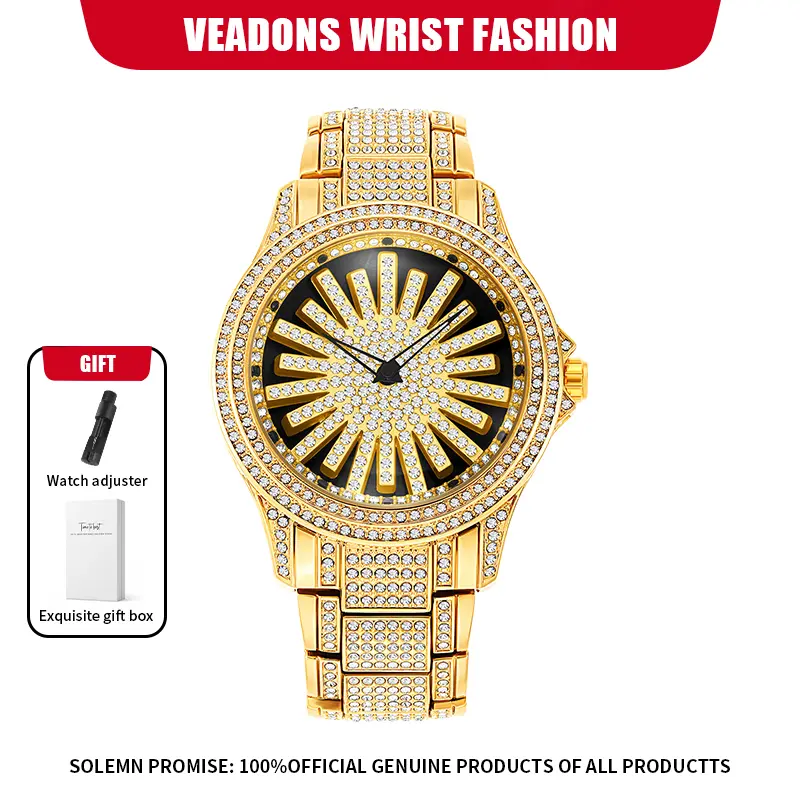 Men's Sparkling Diamond-Encrusted Gold Watch - Premium Look Chronograph, Affordable Luxury Daily Wear, Gift Box Set