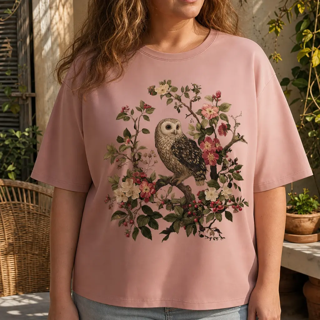Vintage Cottagecore Botanical Graphic Tee Women's Soft Oversized Floral Owl Print Comfy Top Soft Plussized S-5XL