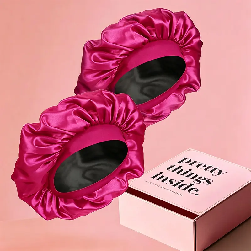 [Free Shipping] [Two Pink Ones] Satin Bonnet Silk Bonnet for Sleeping With Gift Box Layer Satin Lined Hair Bonnet with Tie Band for Women (Random Color)