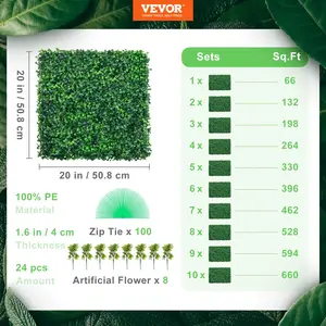 VEVOR Artificial Boxwood Panel UV 24pcs Boxwood Hedge Wall Panels Artificial Grass Backdrop Wall 20 X 20 4 cm Green Grass Wall Fake Hedge for Decor Privacy Fence Indoor Outdoor Garden Backyard