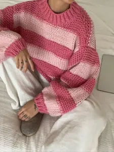 Women's Casual Fashion Colorblock Wide Striped Knit Pullover Sweater, Long Sleeve Drop Shoulder Jumper, Fall & Winter Clothing