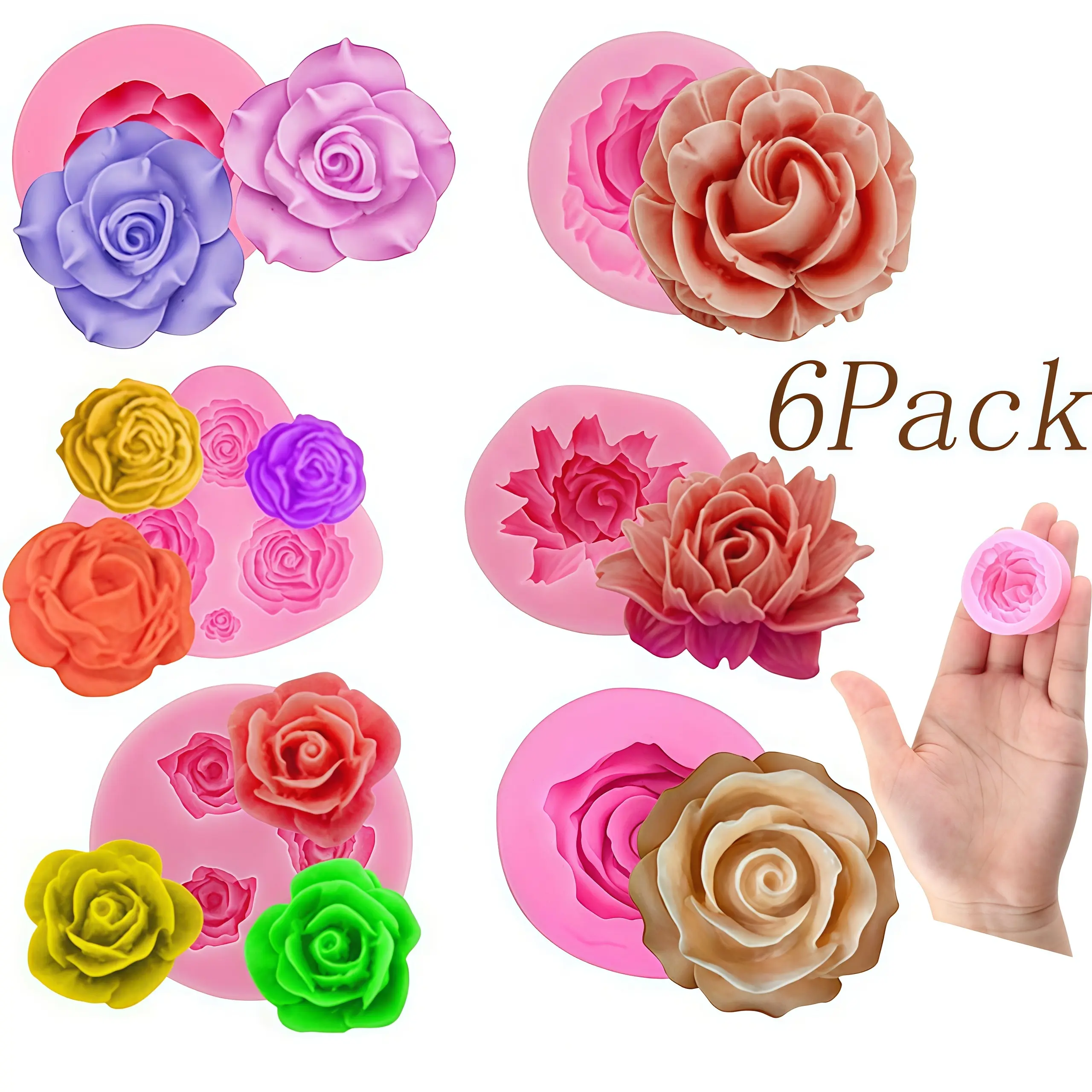 6-Pack Reusable Flexible 3D Flower Silicone Baking Molds, Kitchenware Bakeware for Cake Decoration, Chocolate Baking Projects