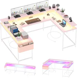 U Shaped Home Office Desk, Reversible L Shaped Gaming Computer Desk with Power Outlets,126 Inch Computer Desk with Monitor Stand and LED Lights,Storage Shelves,Storage Bag and Hooks（Pink）