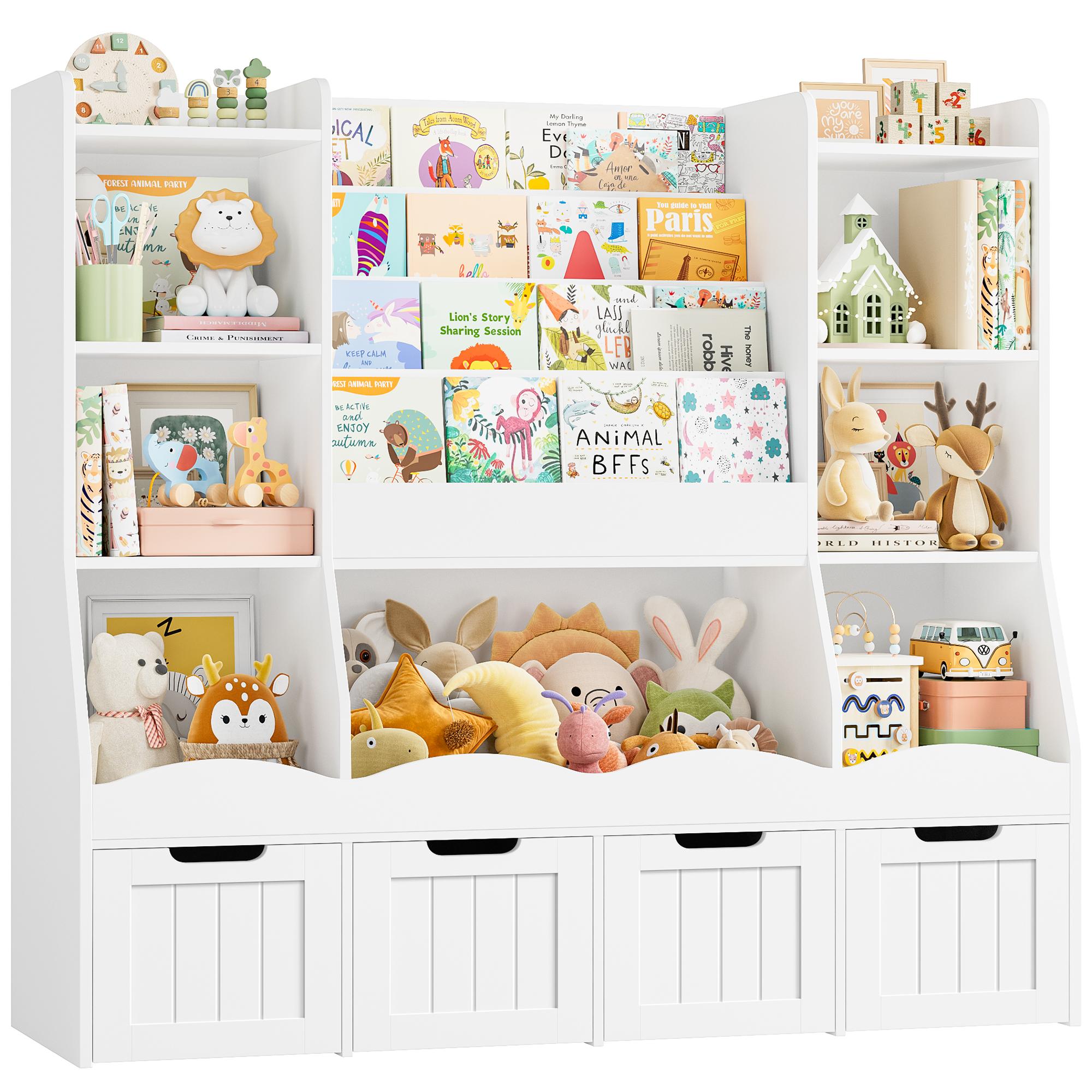 FOTOSOK Storage Organizer,  Bookshelf Book Shelf for Room with 4 Movable Drawers and 7 Storage Cubbies