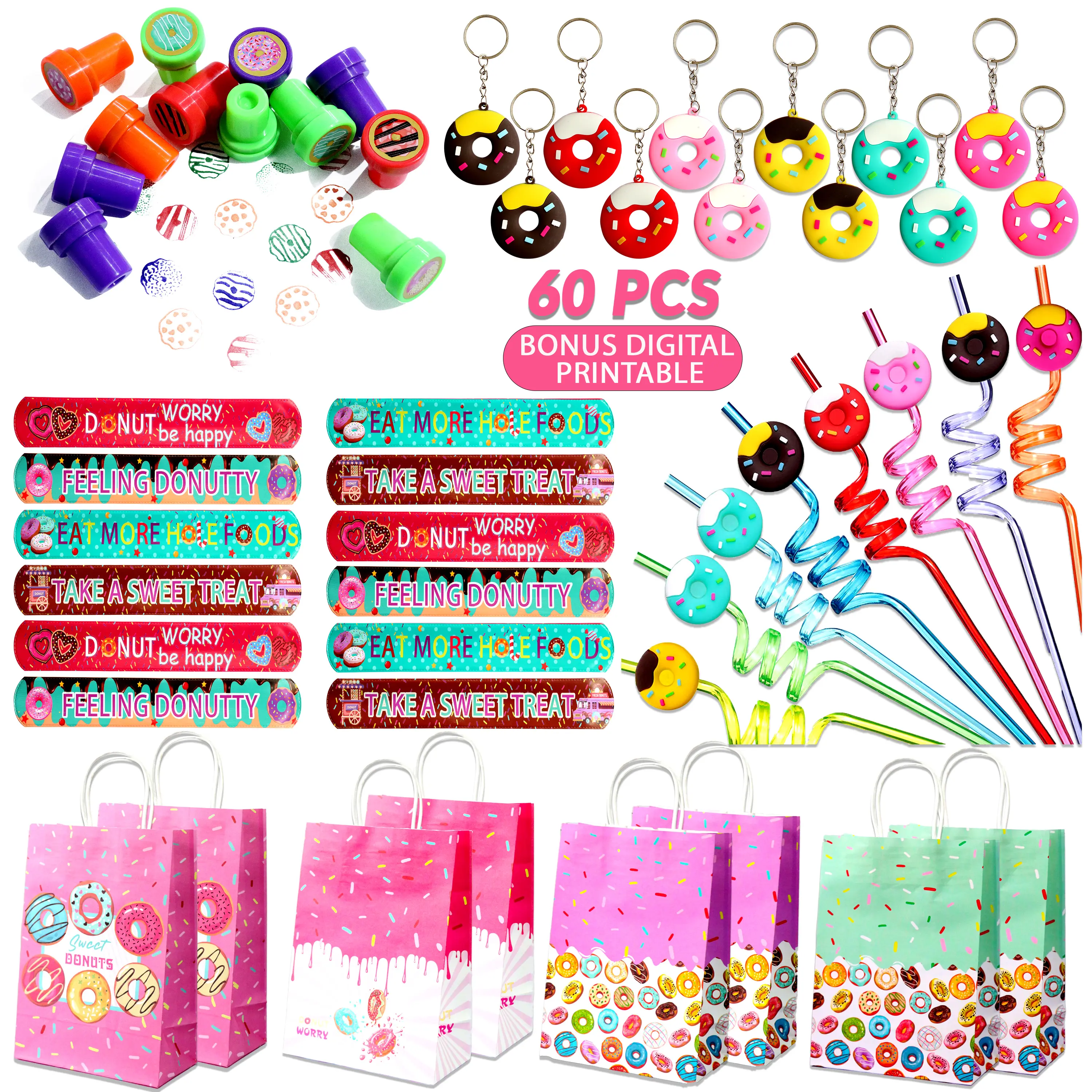 Donut Party Favors Gift Bags (60 Pcs, 12 Sets) - Paper Bags, Keychains, Straws, Wristbands, Stickers for Kids' Birthday Supplies with Bonus Digital Printable Themed Sensory Goodies