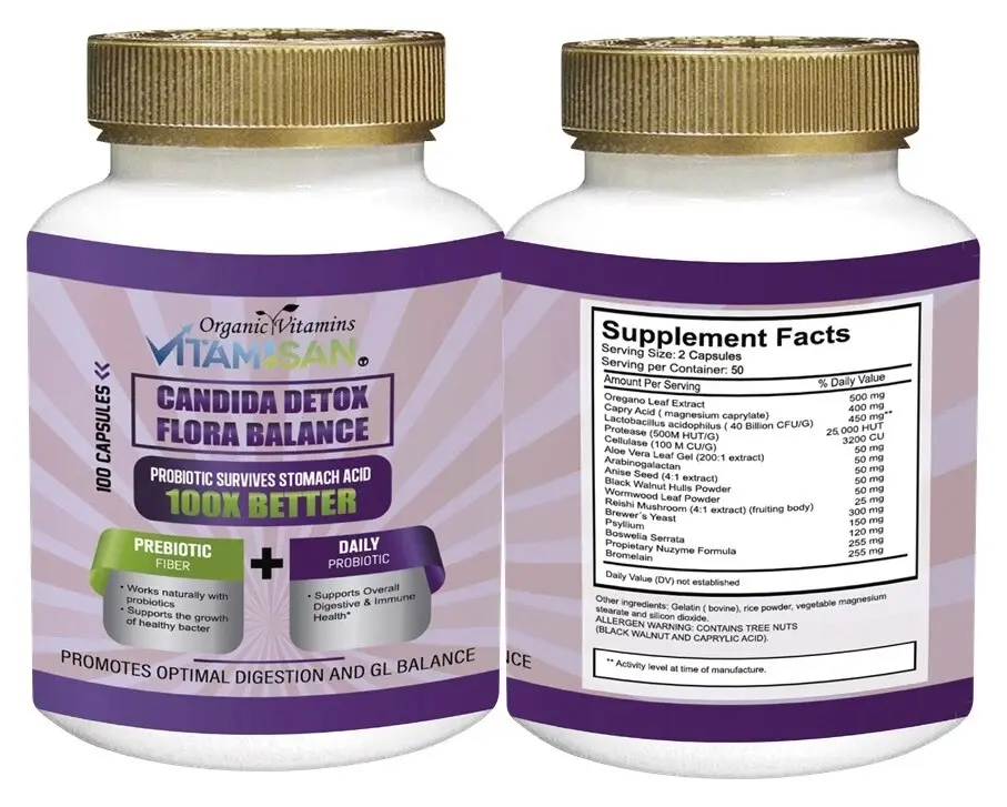 Candida Cleanse Dietary Supplement Capsules - Albicans Support, Gut Detox, Enzymes-Infused Complex, 100 Caps, Prop 65 Safe, 100 Times Better Probiotic Survival, Digestive Health, Healthy Yeast Balance Support
