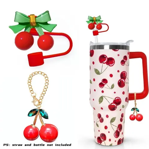 Cherry Design Tumbler Straw Lid & Cup Chain, 2 Counts Durable & Easy Cleaning Straw Toppers for Tumblers & Cup Chain, Sports Water Bottle Accessories for 30 & 40oz Cup, Drinkware