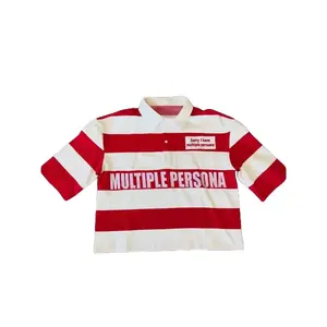 Y2K Striped Shirt Breathable Retro Embroidered T-shirt Harajuku Men Casual Fashion Gothic Streetwear Shortsleeve Top Menswear 1_Red