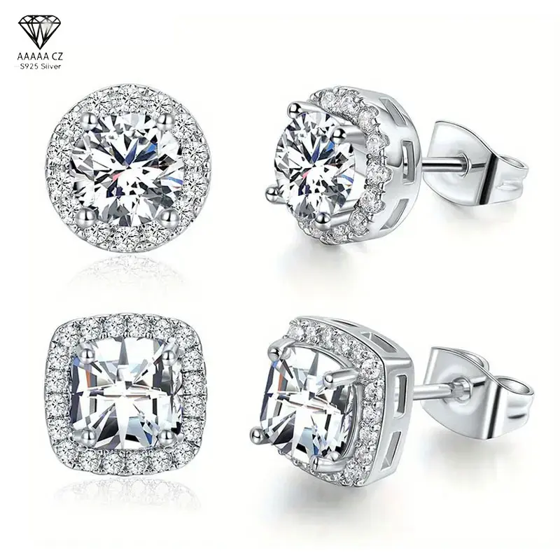 2Pcs White Gold Plated Halo Stud Earrings with AAAAA Cubic Zirconia, 925 Sterling Silver Post, Hypoallergenic Unisex Round & Princess Cut, Mens Gifts, Diamond Stud Earrings, Studs Earrings, Unisex Style Fit