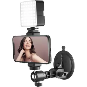 Suction Cup Mirror Phone Holder with LED Light for Makeup & Travel, 360-Degree Rotation, Compatible with iPhone & Android, Ideal for Vlogging & Cooking Videos