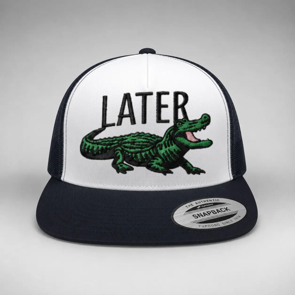 Funny Later Alligator Trucker Hat, White Mesh Snapback Cap, Retro Animal Graphic Curved Brim Adjustable Hat for Men & Women