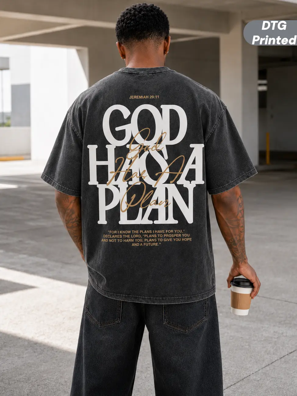 MuseBeau 100% Cotton DTG Printed Vintage Acid Washed "God Has a Plan" Double-Sided Print Tee Heavyweight Oversized Christian Streetwear Menswear, Unisex Wide-Shoulder Fit Womenswear,High-Quality Cotton Casual Short-Sleeve Top for Men&Women,Summer Outfit