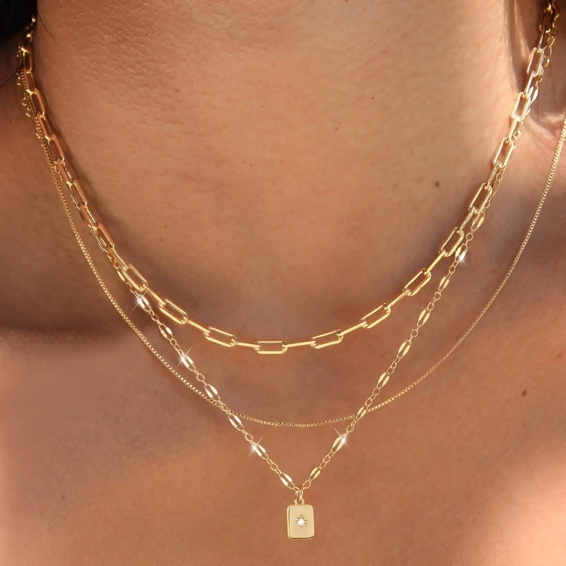 Fashionable Layered Zirconia Pendant Necklace (Gold Trio Set) Three-Tier Layered Jewelry Versatile and Exquisite Necklace Geometric-Style Layered Necklace  tennis  necklace best  friend  gift Personalized Enamel Oil Drop mom 40  20  44  jewels  sparkles a