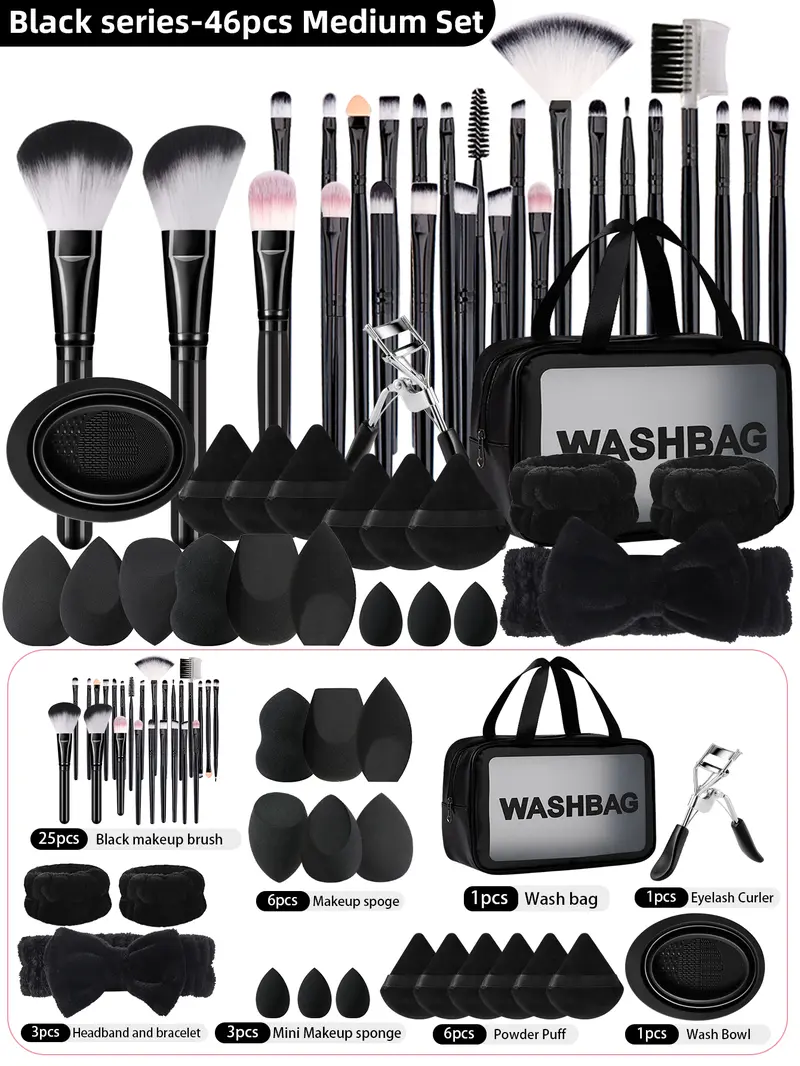 46 piece professional makeup tool set novice makeup tool set includes 25 makeup brushes,15 makeup puffs,,1 makeup brush cleaning bowl,1 waterproof makeup bag, wash bag, for storing cosmetics and tools,1 eyelash clip, 2 facial wrist bands,1 makeup headband