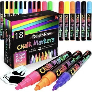 18 Neon Chalk Markers - Double Pack of Fine and Medium Tip Liquid Chalk Pens - Wet Erasable for Menu Boards, Glass, Windows, Whiteboards, Classrooms, Mirrors, Plastic
