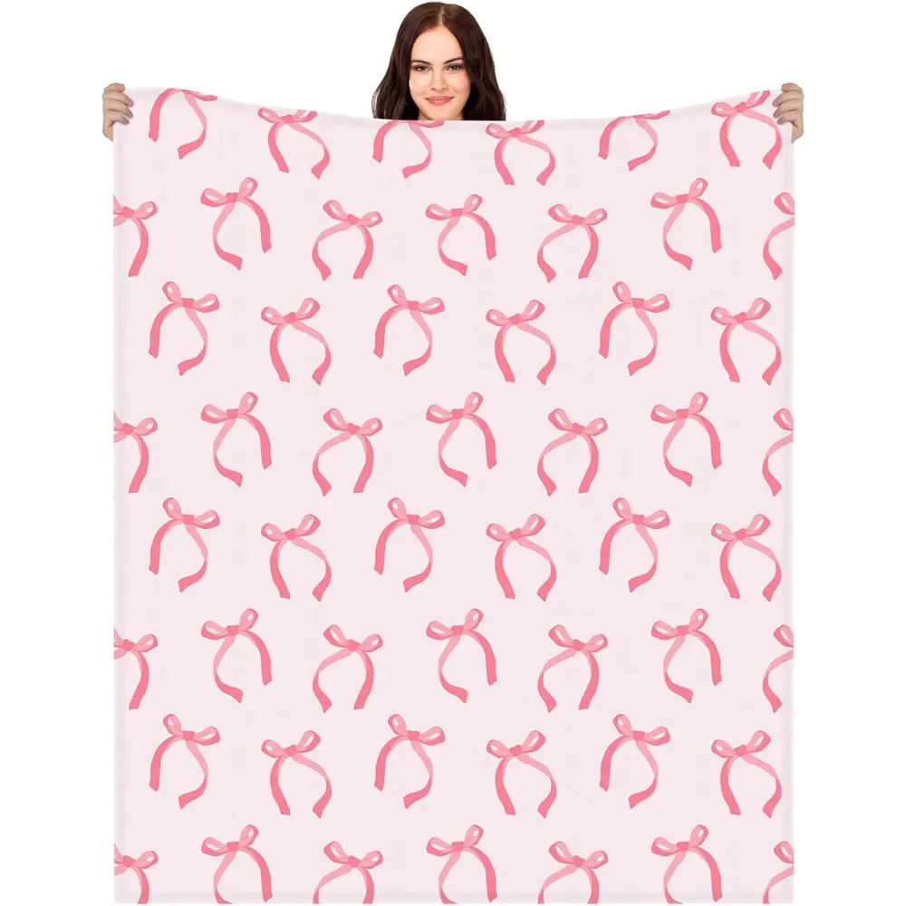 Buryeah Coquette Pink Bow Blanket Christmas Throw Blanket Pink Bow Ribbon Winter Farmhouse Soft Warm Couch Sofa Bed Blankets for Women Friends Gifts