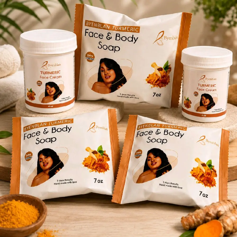 Byenblan Turmeric Face & Body Soap and Face Cream Set – 3 Pack (7 oz Soaps), 2 Pack (4 oz Creams)
