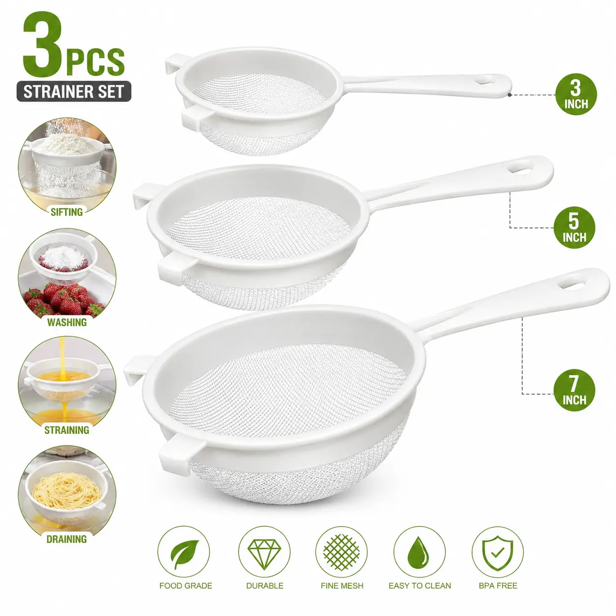 3 Pcs Plastic Nylon Mesh Strainer Colander with Handle Double Ear Fine Food Mesh Strainer Flour Sifter for Baking Kitchen Colander Sifter Kefir Tea Juice Pasta(3 Inch, 5 Inch, 7 Inch)