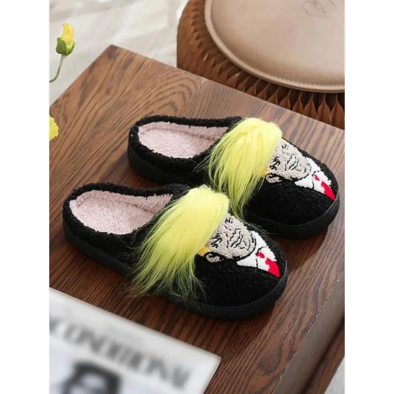 Unisex Cartoon Plush Slippers - Cozy Faux Fur Slides, Non-Slip EVA Sole, Warm Indoor-Outdoor Footwear for Fall, Winter