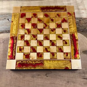Red Lava Golden Maple Wood Chess Board (INCLUDES PIECES)