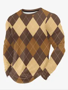 Men's Multicolor Geometric Diamond Pattern Print Vintage Long Sleeve Round Neck Pullover, Casual Fashion Comfortable Sportswear