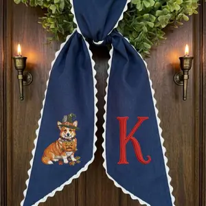 Personalized Halloween Dog Wreath Sash, Embroidered Corgi Pumpkin Door Hanger, Black Linen Lace Trim