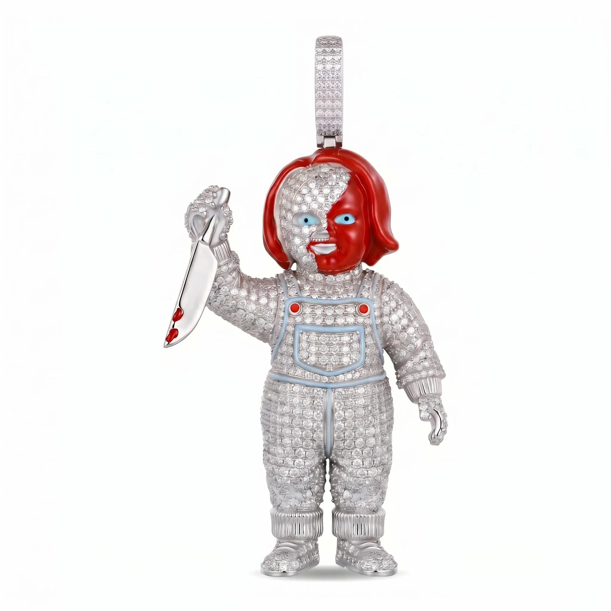 ③⑤SPACEICE Iced Out Horror Chucky Pendant,Solid Metal with Cubic Zirconia & Enamel, Rose Gold Plated Hip Hop Statement Charm for Men
