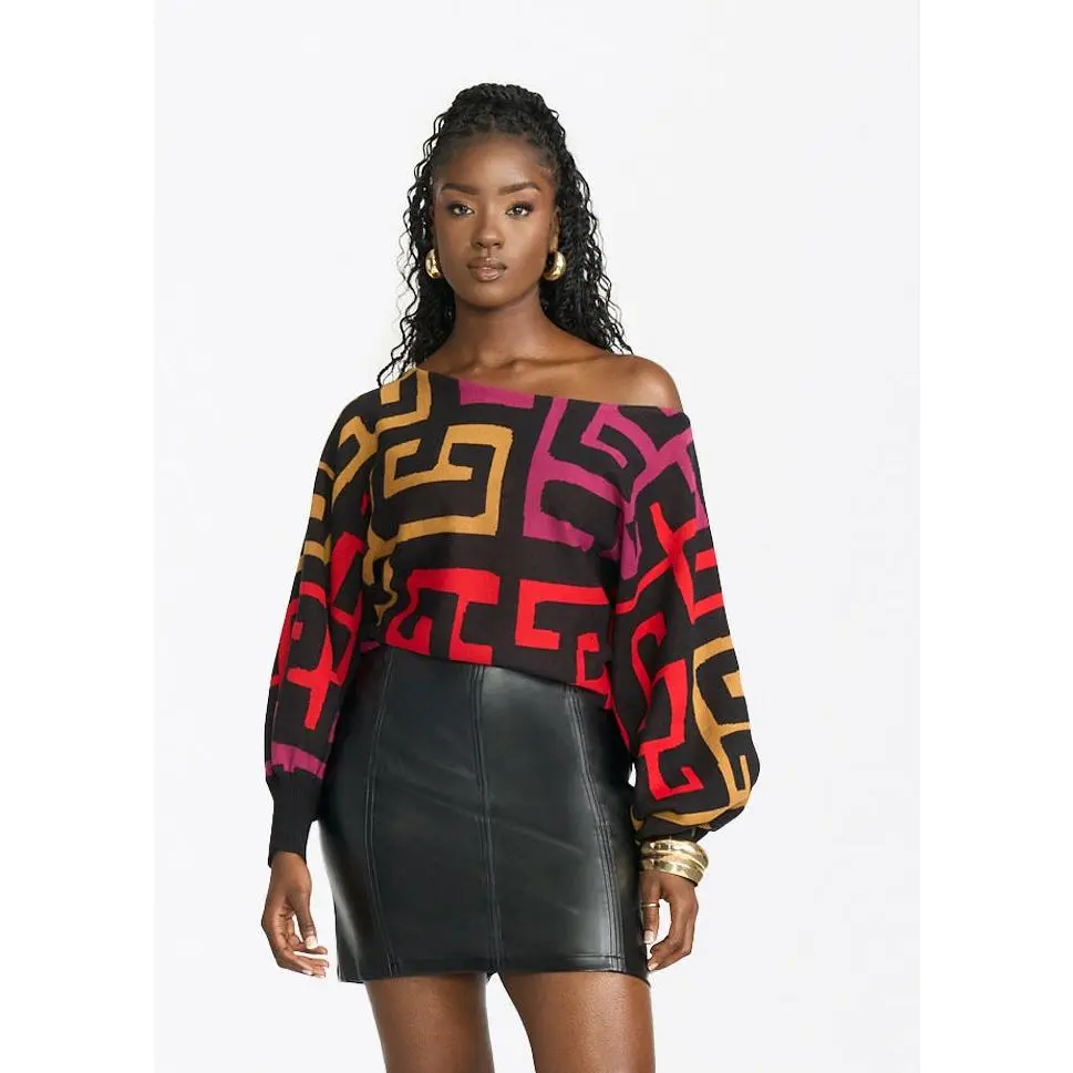 Nafeesa Women's African Print Cropped Sweater (Black Berry Kuba)