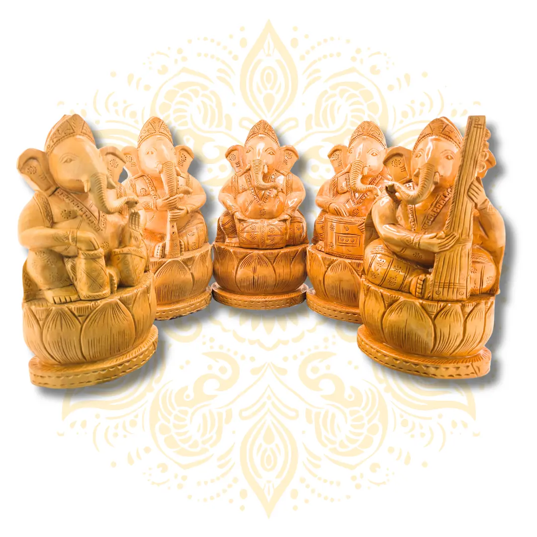 Hand Carved Wooden Musician Ganesh Statue 8”