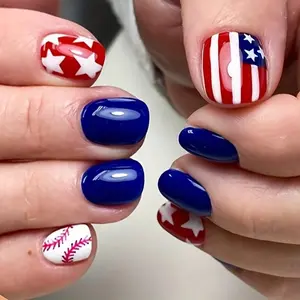 American Flag Baseball Star False Nails, Short Square Blue Nail Art, Independence Day Fake Nails, 24 Pcs Set