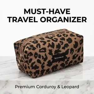 Large Capacity Leopard Print Corduroy Makeup Bag | Portable Travel Toiletry Organizer | Aesthetic Cosmetic Pouch for Women & Girls Cosmetic Storage Bag