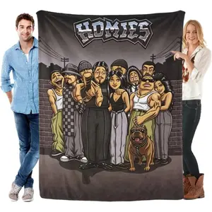 Homies Lowrider Cartoon Flannel Blanket, Classic Chicano Style Throw Blanket, Soft Cozy Urban Street Art Fleece Blanket, Lightweight Warm Blanket for Classic Anime Merchandise Cute Aesthetic Room Decor Cozy Bedding