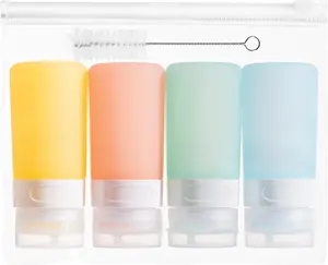 Condiment Squeeze Bottles for Sauces, 2-oz Mini Silicone Salad Dressing Container to Go with Reusable Sandwich Bag, Leakproof Ketchup Bottle for Bento Lunch Box, 4 Pack