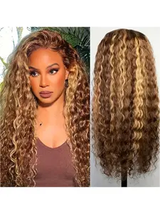 Honey Blonde Ombre Highlight Water Wave Lace Front Wigs Human Hair 200 Density Wet and Wavy 5X5 HD Full Frontal Lace Frontal Wigs Pre Plucked #4/27 Colored Curly Texture Human Hair No Glue Wig for Women