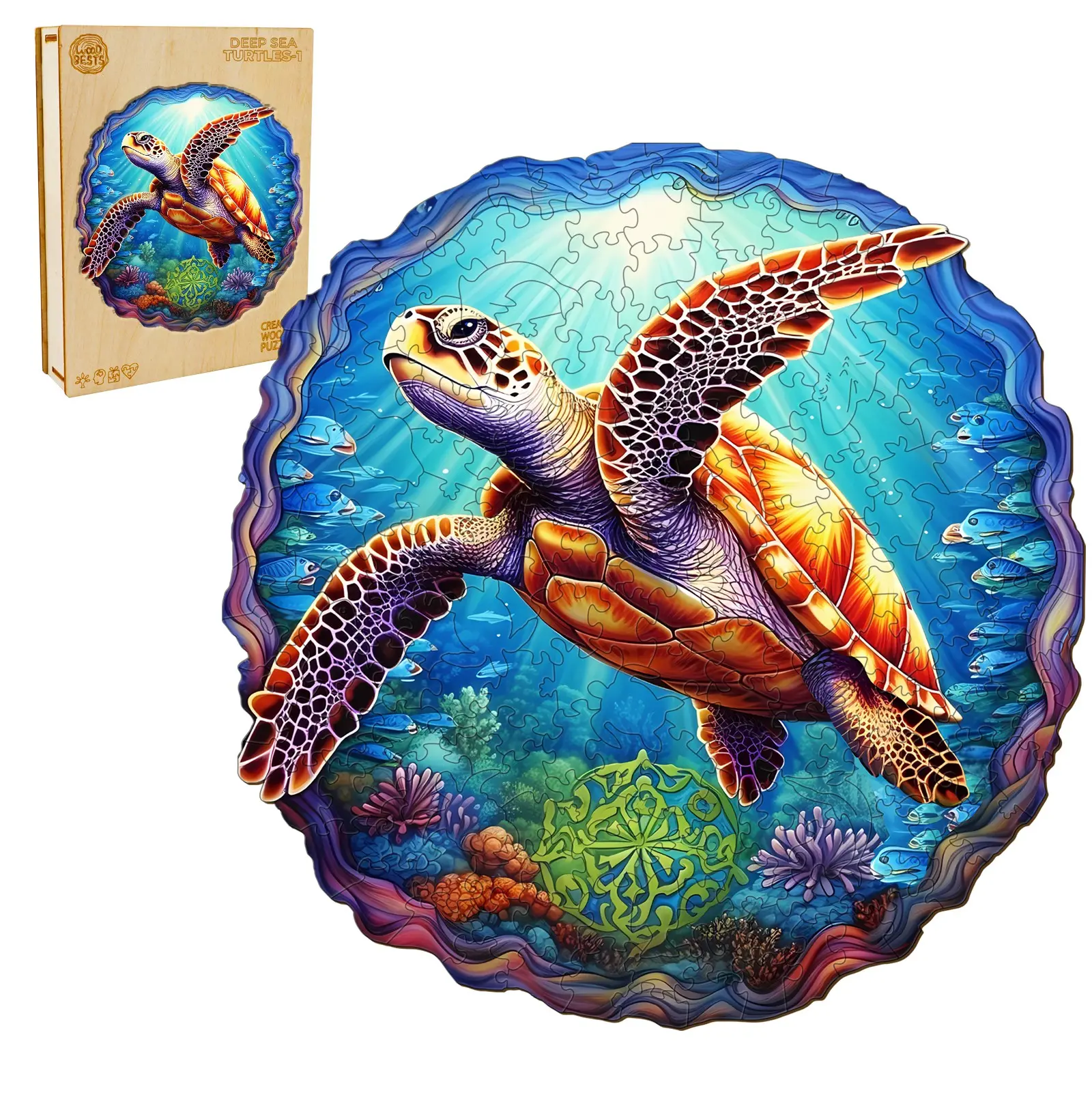 Deep Sea Turtles -1 Wooden Jigsaw Puzzle for Adults and Kids Unique Shape Animal Wood Puzzles Challenging Puzzle, Family Game Creative Gifts，Laser-Cut Durable HDF Wood Puzzle Blocks