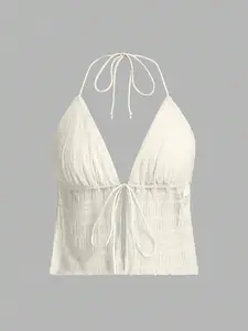 Women Split Hem Backless Mesh Halter Top Y2K Summer Streetwear