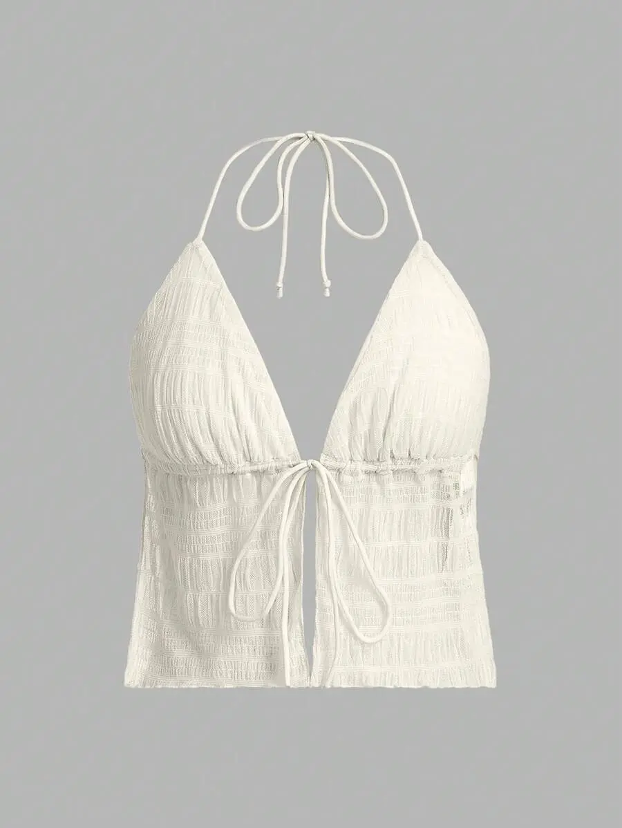 Women Split Hem Backless Mesh Halter Top Y2K Summer Streetwear