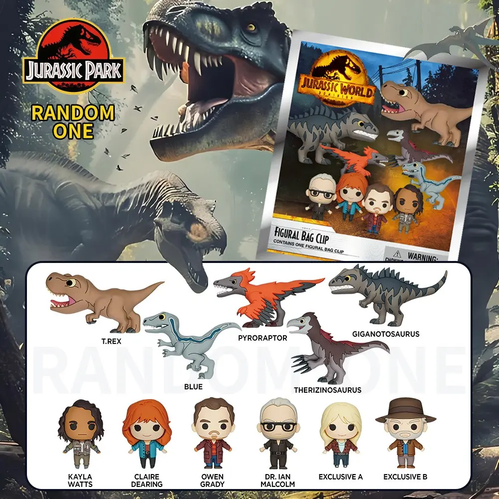 1PC Universal Studios Officially Licensed Jurassic World 3D Anime Character Mystery Bag Clip Keychain Cartoon Style Blind Bag Keyring Bag Ornaments Anniversary Festival Gifts for Friends Vinyl Keychain, Keychain Surprise Collectibles Keychain Included
