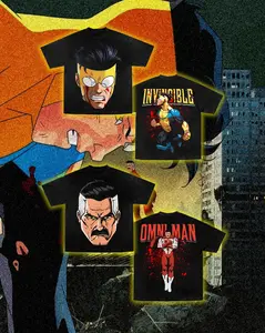 COLLECTION Invincible Character Graphic T-Shirt Vintage Superhero Streetwear Tee Set, Omni-Man & Invincible Comic Washed Shirts, Animated Series Acid Wash Oversized Unisex Graphic Apparel