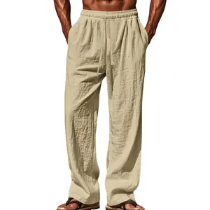 Men's Linen Cotton Blend Casual Pants Loose Fit Elastic Waist Beach Trousers for Summer Vacation Seaside Leisure Days Baggy Plaid Double Sweatpants drip  outfits tommen slim  fit  baggy khaki  green Beige Tropical Soft pantalones para hombre