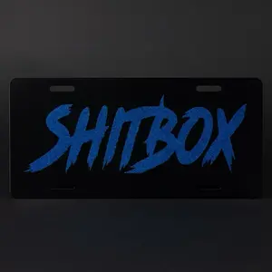 Custom SH!TBOX License Plate - Standard Size, Blue Text on Black Background