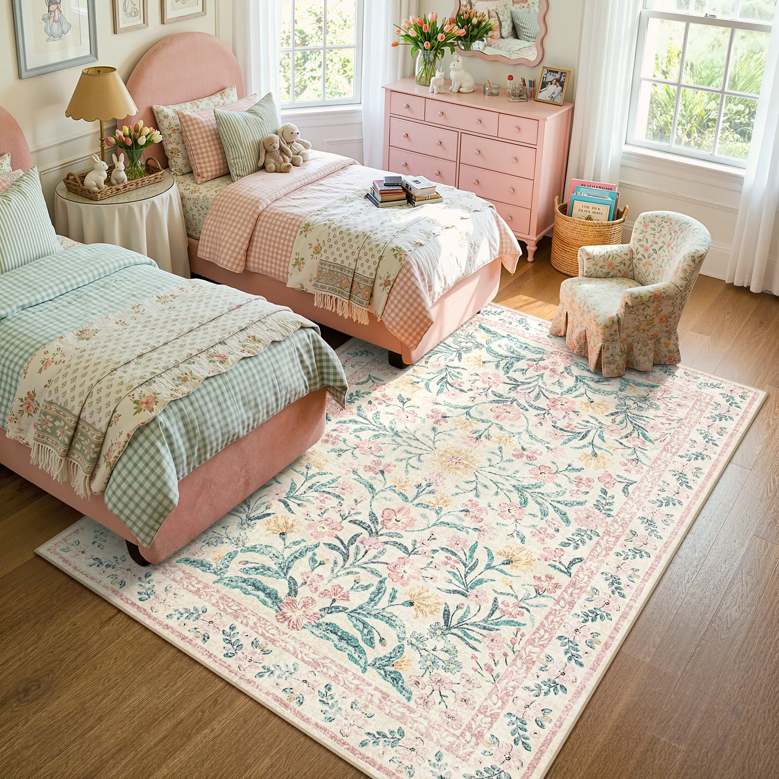 Lahome Boho Floral Area Rug – Washable, Non-Slip, Soft Thin Carpet for Living Room, Bedroom, Nursery and Kids Playroom