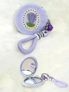 Adorable Lace Flower Mirror Keychain, Plush Makeup Mirror Charm, Portable Foldable Mini Round Fashion Hanging Accessory