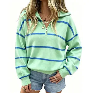 Fisoew Women's Color Block Striped Quarter Zip Sweater, Lapel Collar Drop Shoulder Long Sleeve Oversized Pullover Knit Top