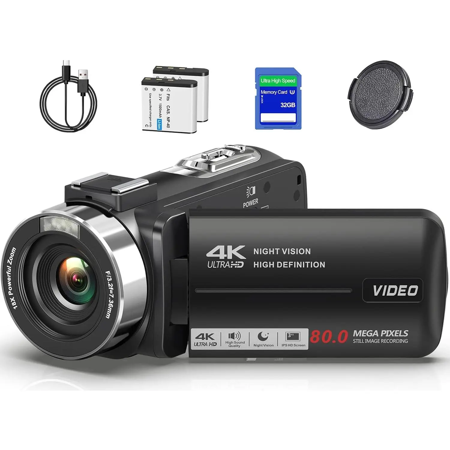 4K UHD 80MP Video Camera Camcorder for Vlogging YouTube Webcam Autofocus | 18X Digital Zoom, 3.0" 270° Rotatable IPS Screen, IR Night Vision; Video Recorder with 32GB SD Card, Lens Cap & 2 Batteries