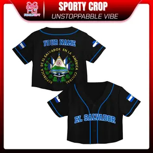 Custom El Salvador Baseball Jersey Crop Top – Personalized Name & Number, Black Jersey with Blue Trim and White Accents