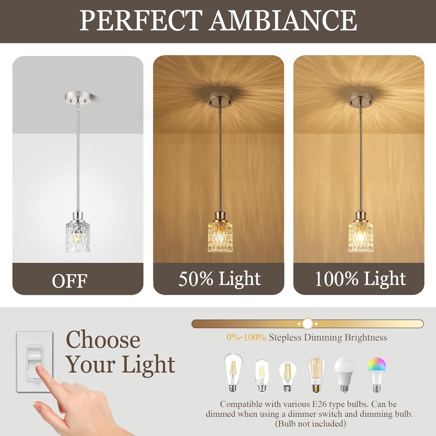 Glass Pendant Lights Kitchen Island, 1-Light Modern Brushed Nickel Mini Pendant with Drum Glass & Rods, Mini Hanging Light for Kitchen Sink Dining Room Bathroom         ？ ？