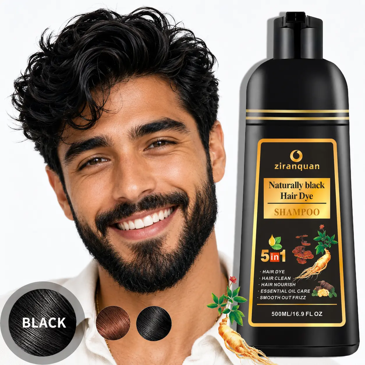 Nourishing Natural Black Hair Dye Shampoo for Gray Hair Coverage - 5-in-1 Wash-In Color Transform in 10-15 Mins - Enriched with 9 Herbal Extracts Including Ginseng - Ammonia-Free, Vegan & Cruelty-Free Formula Leaves Hair Shiny, Evenly Colored, Clean 500ml