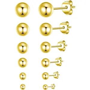 14K Gold Filled Polished Small CZ Pearl Ball Stud Earrings Set for Women Men 20G Surgical Steel Hypoallergenic Piercing Studs for Sensitive Ear, Pack of 6 Pairs