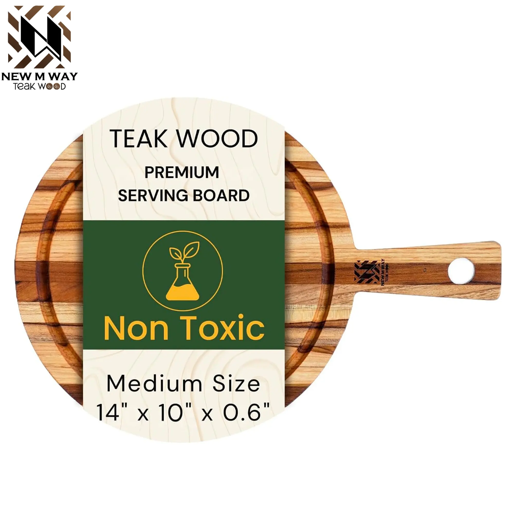 Round Cutting Board with Handle, 14" x 10" x 0.6" Thin Edge Grain for Kitchen Prep, Cheese, Pizza, Bread, Fruit Serving - Solid Hardwood, Non-Toxic, BPA/Plastic Free & Juice Groove by New M Way